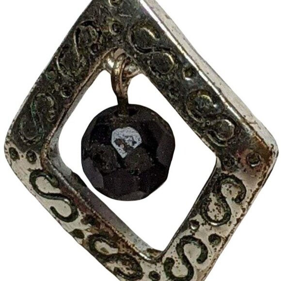 Handcrafted Silver-Tone Dangling Earrings W/ Etched Diamond Frame & Black Beads - Picture 5 of 6